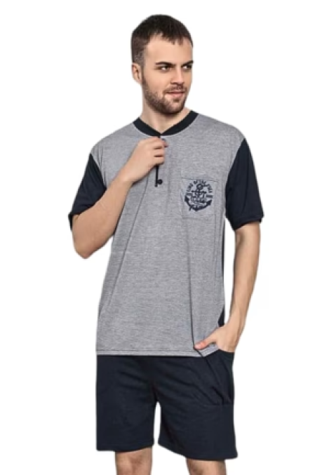 Pijama bărbați din bumbac, mânecă scurtă și pantaloni scurti- culoare gri,Engros