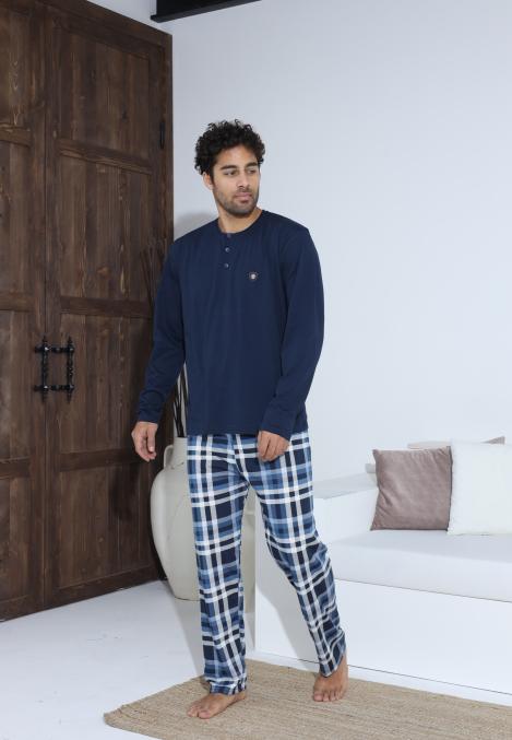 Pijama Barbati ,Maneca si Pantaloni Lungi,Culoare Bleumarin cu Alb,Engros