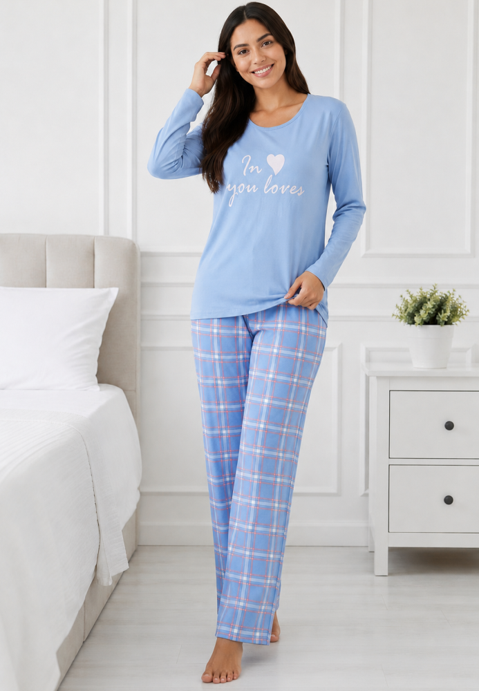 Pijama damă Serena bluză cu maneca lunga și pantaloni-bleu,Engros