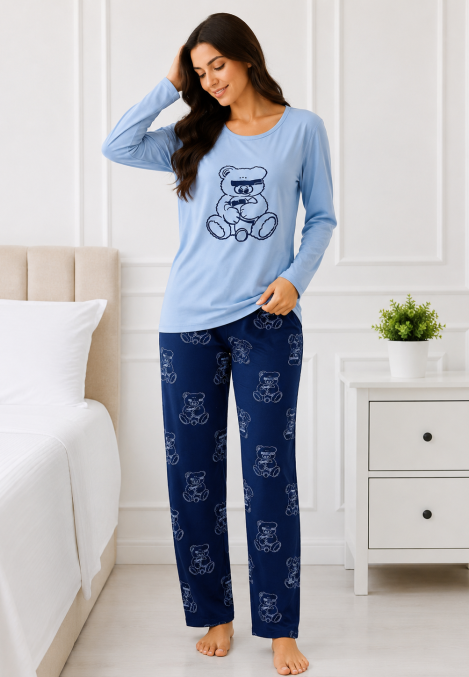 Pijama damă Serena bluză cu maneca lunga și pantaloni-Albastru,Engros