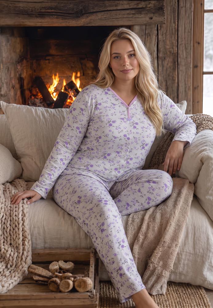 Pijama dama Big Size Serena cu maneca lunga si pantaloni lung,Engros