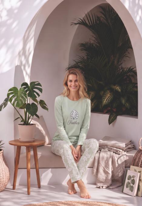 Pijama dama Serena cu maneca lunga si pantalon lung,culoare vernil,Engros
