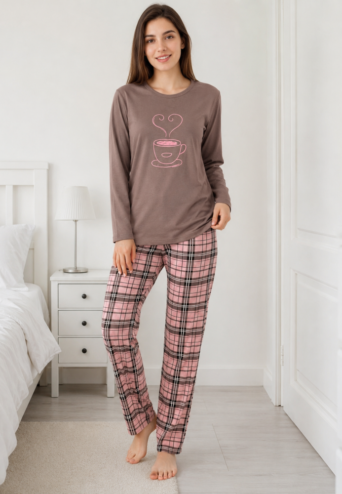 Pijama damă Serena cu bluză cu maneca lunga și pantaloni lung -Maro ,Engros