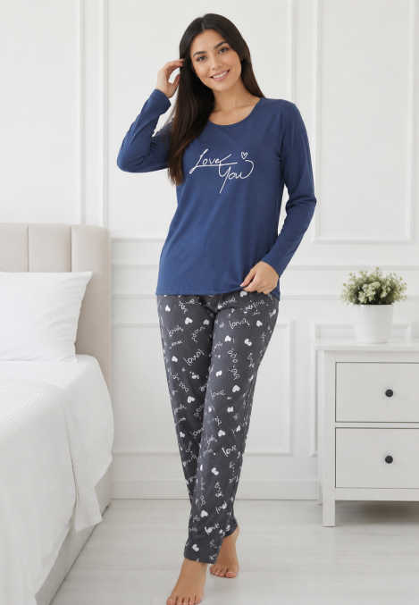 Pijama damă Serena bluză cu maneca lunga și pantaloni-bleumarin,Engros