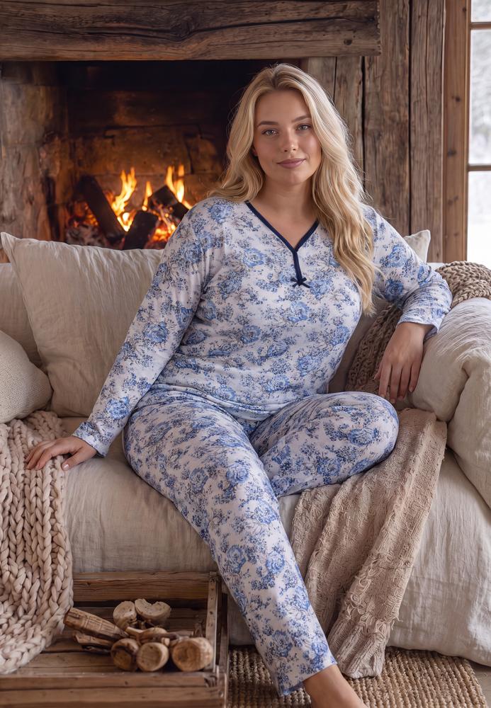Pijama dama Big Size Serena cu maneca lunga si pantaloni lung,Engros