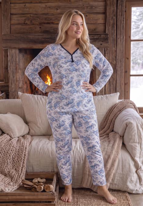 Pijama dama Big Size Serena cu maneca lunga si pantaloni lung,Engros