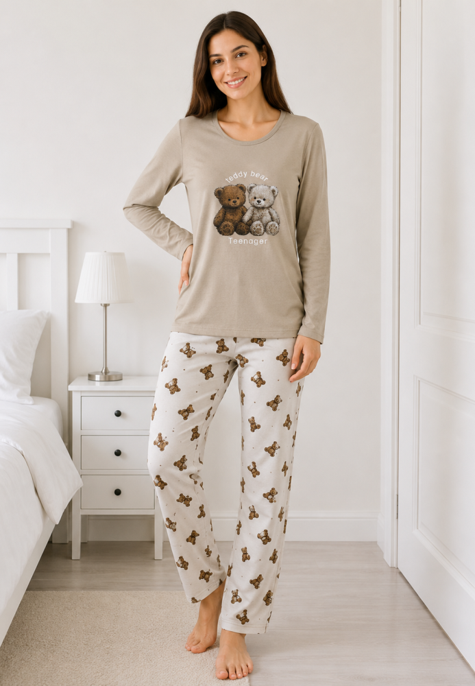 Pijama damă Serena bluză cu maneca lunga și pantaloni lung -Bej ,Engros