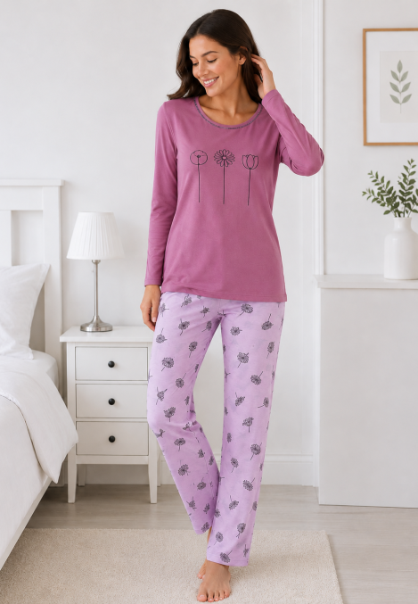 Pijama damă Serena bluză cu maneca lunga și pantaloni lung -Mov ,Engros