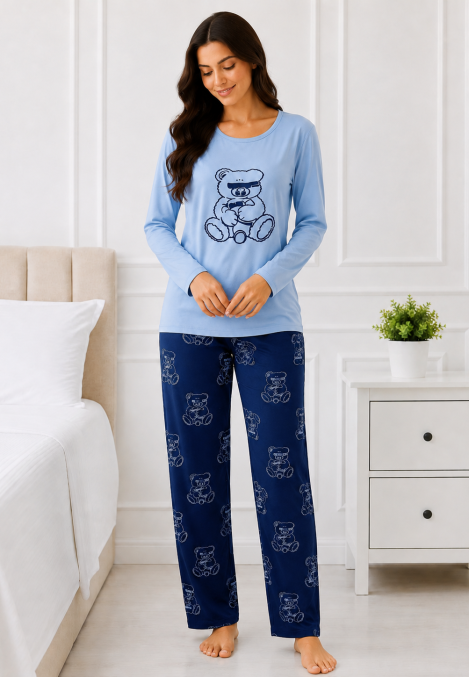 Pijama damă Serena bluză cu maneca lunga și pantaloni-Albastru,Engros