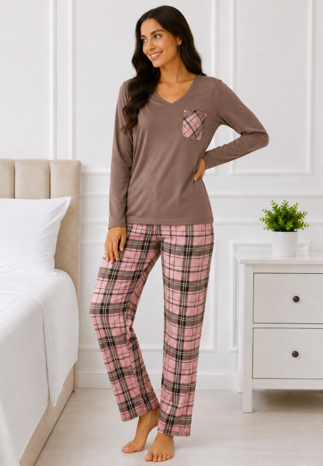 Pijama damă Serena bluză cu maneca lunga și pantaloni-Maro,Engros