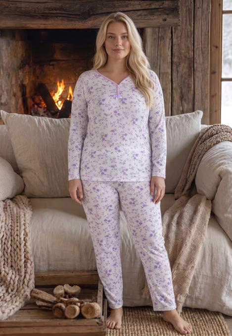 Pijama dama Big Size Serena cu maneca lunga si pantaloni lung,Engros
