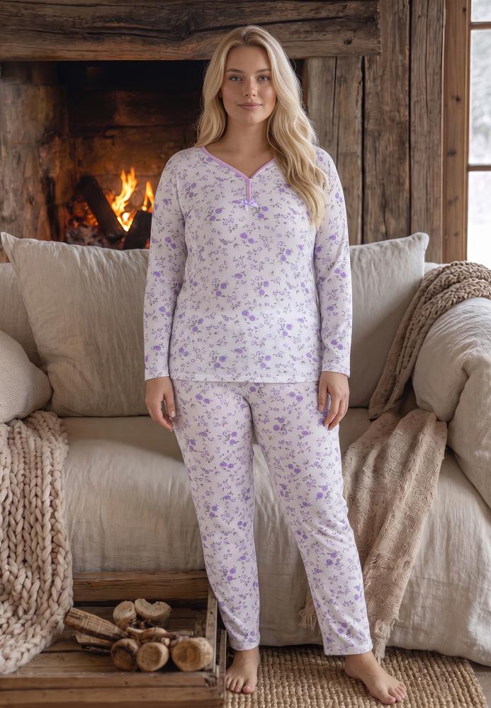Pijama dama Big Size Serena cu maneca lunga si pantaloni lung,Engros