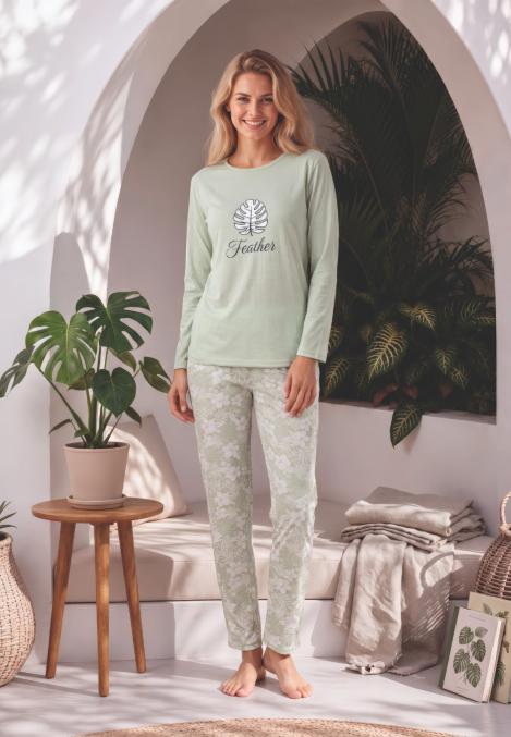 Pijama dama Serena cu maneca lunga si pantalon lung,culoare vernil,Engros