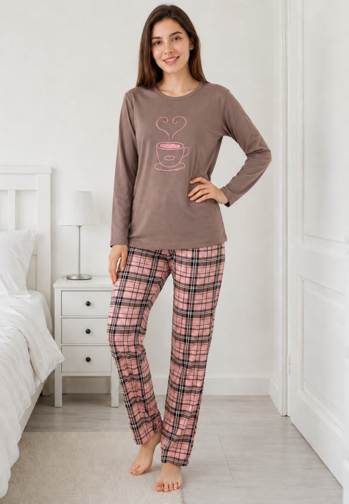 Pijama damă Serena cu bluză cu maneca lunga și pantaloni lung -Maro ,Engros