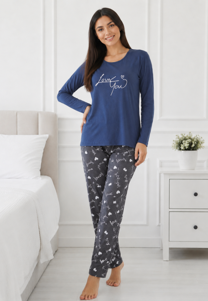 Pijama damă Serena bluză cu maneca lunga și pantaloni-bleumarin,Engros