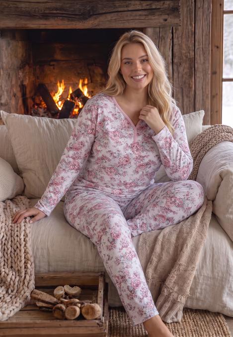 Pijama dama Big Size Serena cu maneca lunga si pantaloni lung,Engros