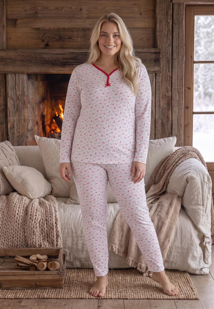 Pijama dama Big Size Serena cu maneca lunga si pantaloni lung,Engros