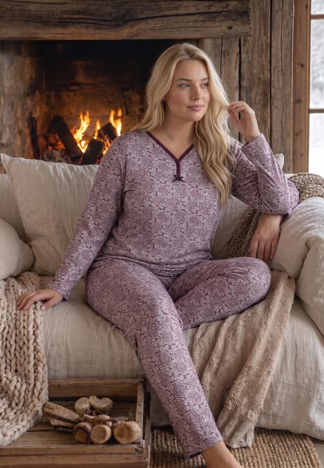 Pijama dama Big Size Serena cu maneca lunga si pantaloni lung,Engros