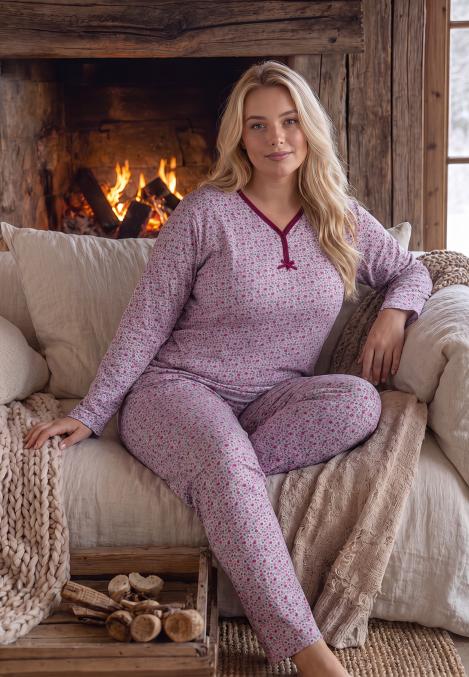 Pijama dama Big Size Serena cu maneca lunga si pantaloni lung,culoare Mov,Engros