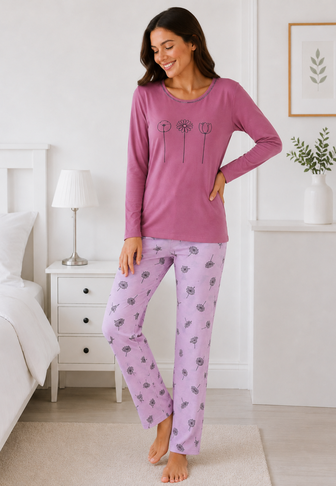 Pijama damă Serena bluză cu maneca lunga și pantaloni lung -Mov ,Engros