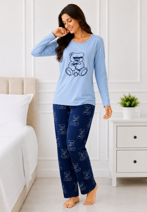 Pijama damă Serena bluză cu maneca lunga și pantaloni-Albastru,Engros