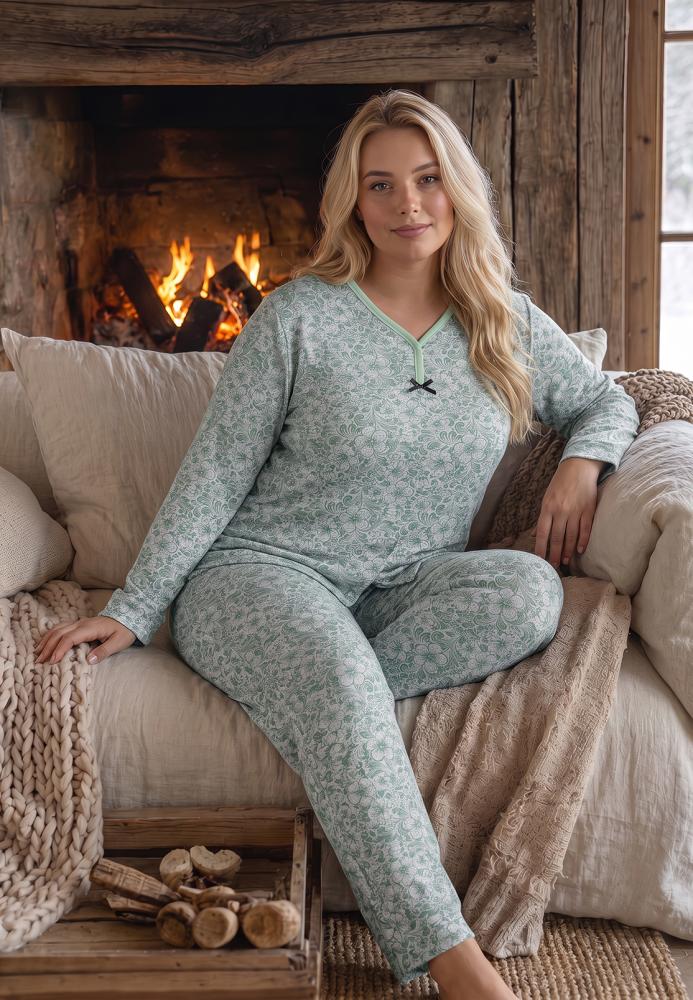 Pijama dama Big Size Serena cu maneca lunga si pantaloni lung,Engros