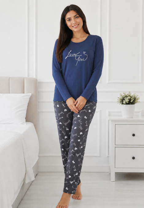 Pijama damă Serena bluză cu maneca lunga și pantaloni-bleumarin,Engros