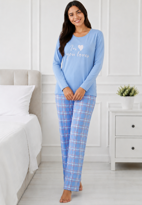 Pijama damă Serena bluză cu maneca lunga și pantaloni-bleu,Engros