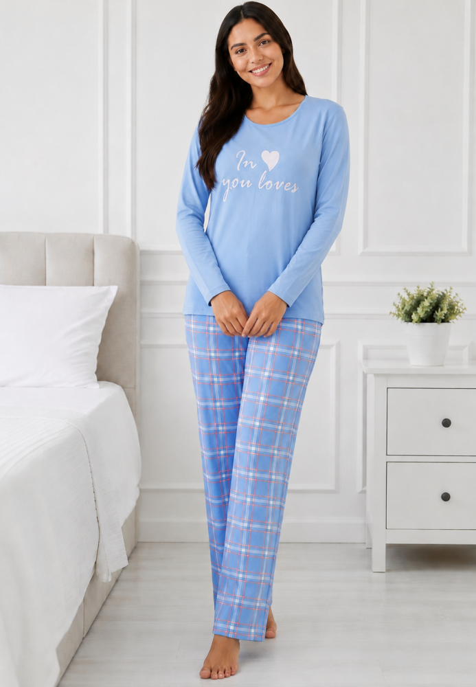 Pijama damă Serena bluză cu maneca lunga și pantaloni-bleu,Engros