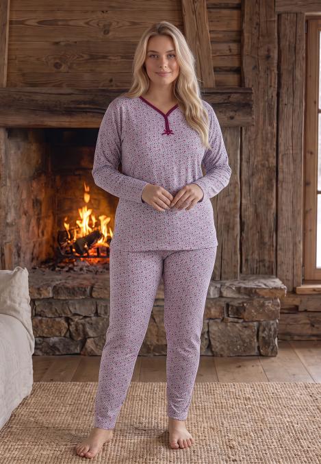 Pijama dama Big Size Serena cu maneca lunga si pantaloni lung,culoare Mov,Engros