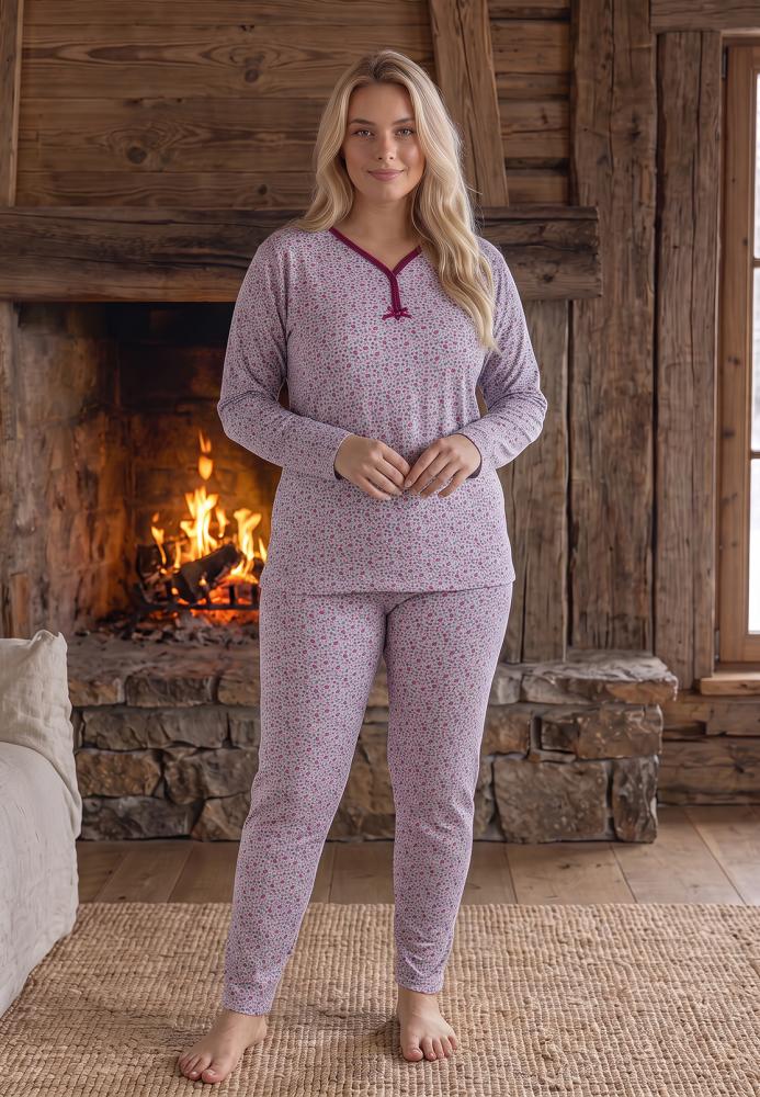 Pijama dama Big Size Serena cu maneca lunga si pantaloni lung,culoare Mov,Engros