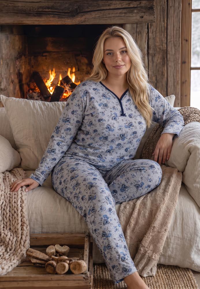 Pijama dama Big Size Serena cu maneca lunga si pantaloni lung,Engros