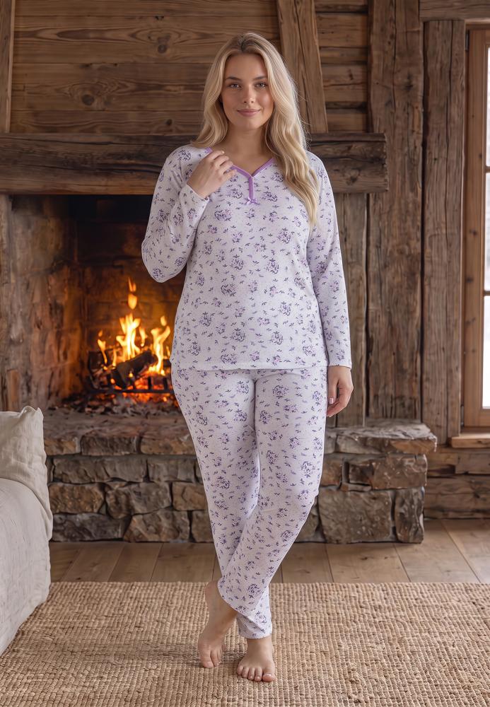 Pijama dama Big Size Serena cu maneca lunga si pantaloni lung,Engros