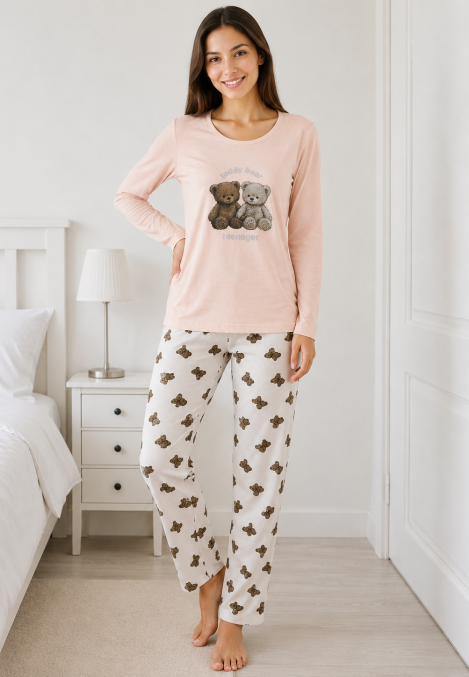 Pijama damă Serena bluză cu maneca lunga și pantaloni lung -roz pudra ,Engros