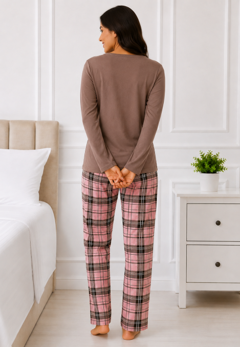 Pijama damă Serena bluză cu maneca lunga și pantaloni-Maro,Engros