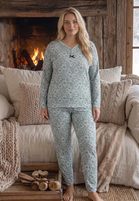 Pijama dama Big Size Serena cu maneca lunga si pantaloni lung,Engros