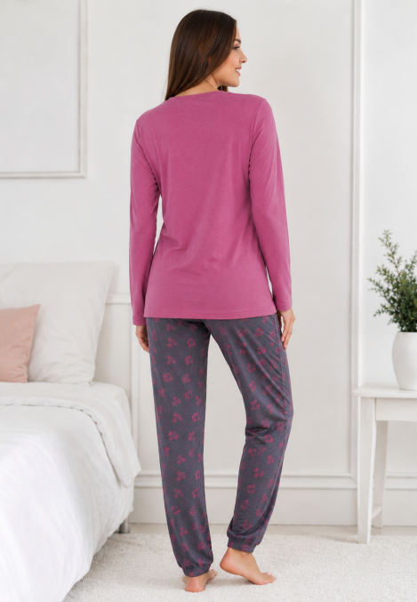 Pijama damă Serena bluză cu maneca lunga și pantaloni -Mov inchis,Engros