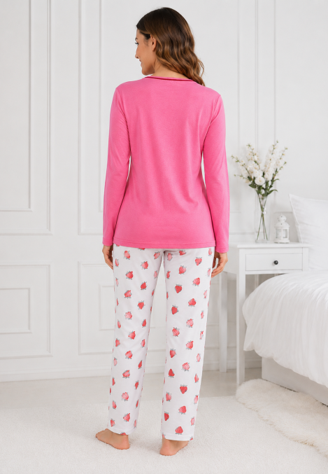 Pijama damă Serena bluză cu maneca lunga și pantaloni -Roz ,Engros