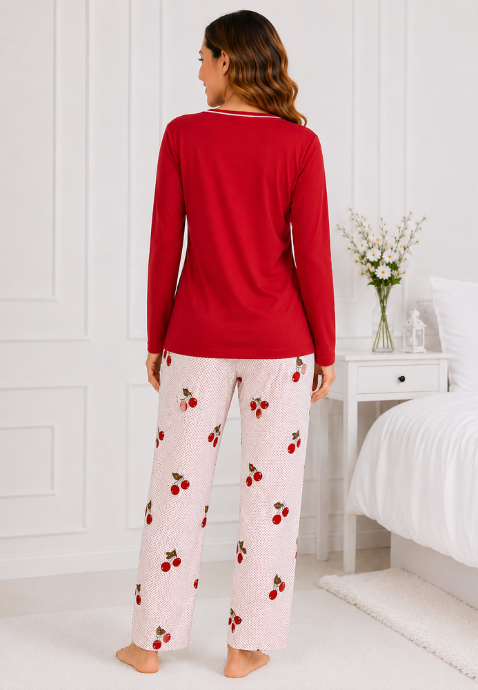 Pijama damă Serena bluză cu maneca lunga și pantaloni -Rosu ,Engros