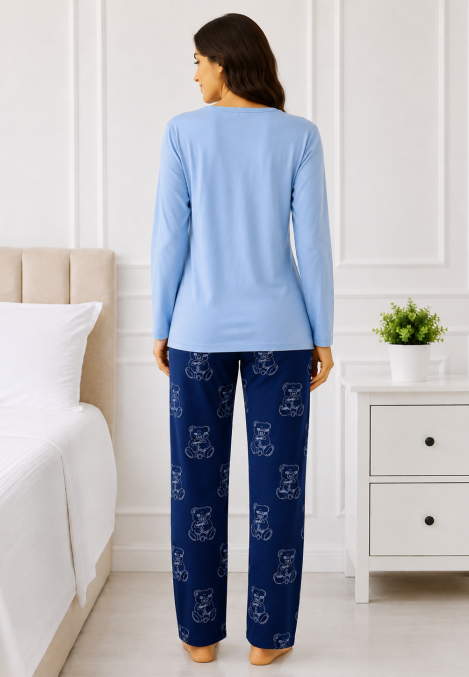 Pijama damă Serena bluză cu maneca lunga și pantaloni-Albastru,Engros