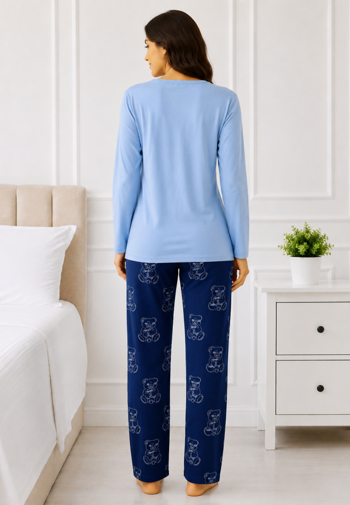 Pijama damă Serena bluză cu maneca lunga și pantaloni-Albastru,Engros