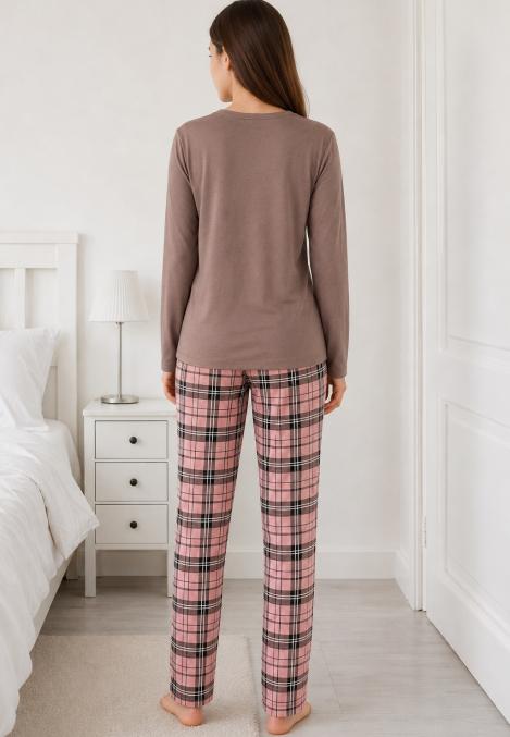 Pijama damă Serena cu bluză cu maneca lunga și pantaloni lung -Maro ,Engros