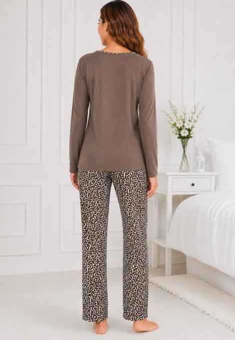 Pijama damă Serena bluză cu maneca lunga și pantaloni -Maro,Engros