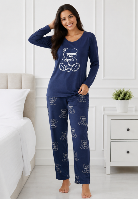 Pijama damă Serena bluză cu maneca lunga și pantaloni-Bleumarin,Engros