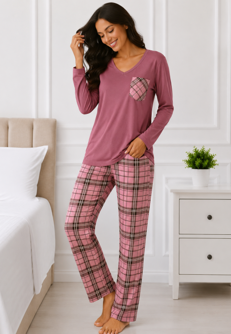Pijama damă Serena bluză cu maneca lunga și pantaloni-Roz prafuit ,Engros