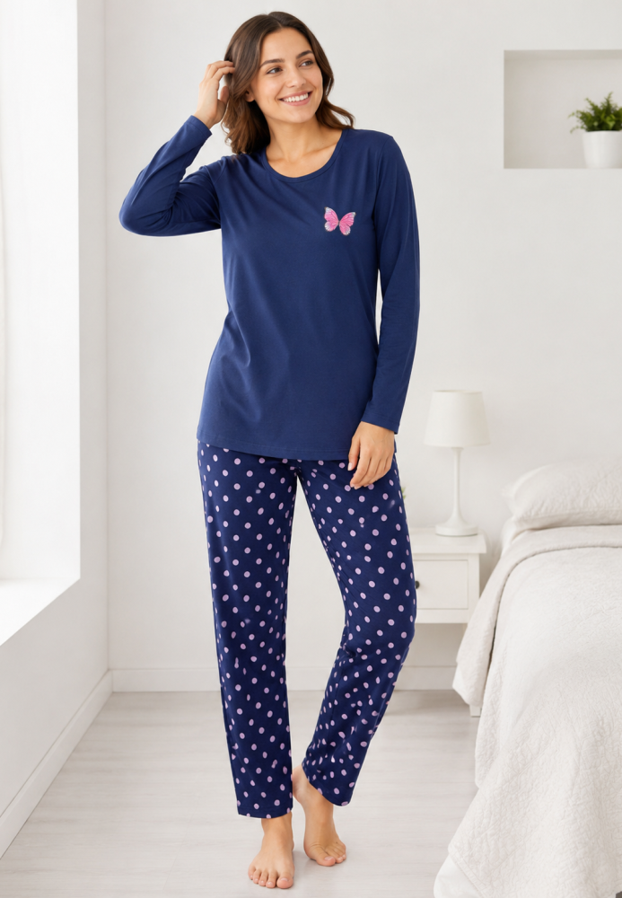 Pijama damă Serena bluză cu maneca lunga și pantaloni -Bleumarin,Engros