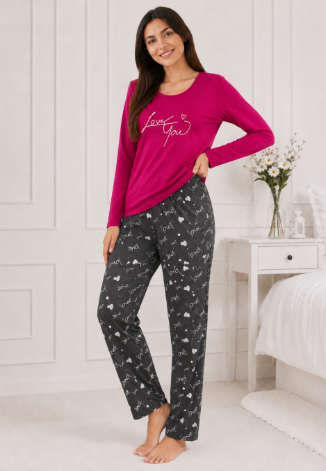 Pijama damă Serena bluză cu maneca lunga și pantaloni -Fucsia,Engros
