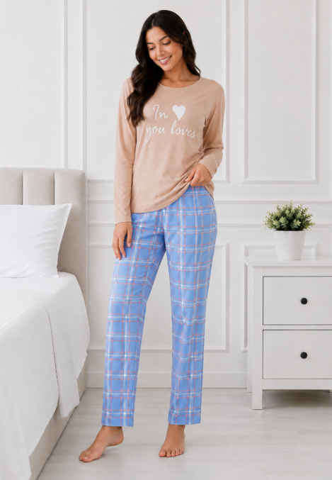 Pijama dama Serena bluză cu maneca lunga și pantaloni-Bej,Engros