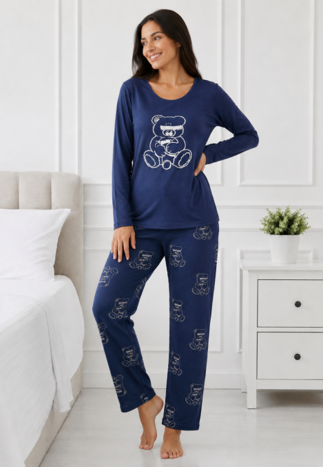 Pijama damă Serena bluză cu maneca lunga și pantaloni-Bleumarin,Engros