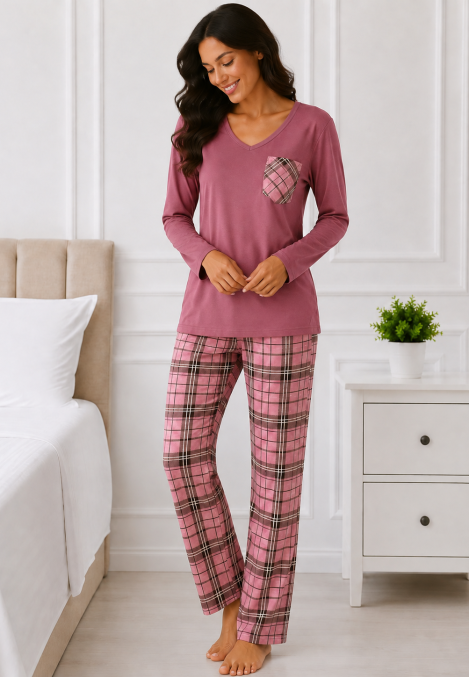 Pijama damă Serena bluză cu maneca lunga și pantaloni-Roz prafuit ,Engros